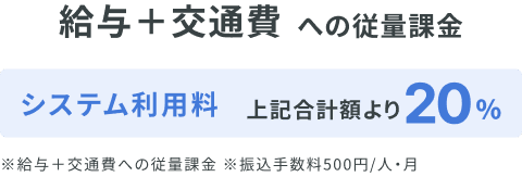 給与＋交通費への従量課金 システム利用料上記合計額より20% ※給与＋交通費への従量課金 ※振込手数料500円/人・月